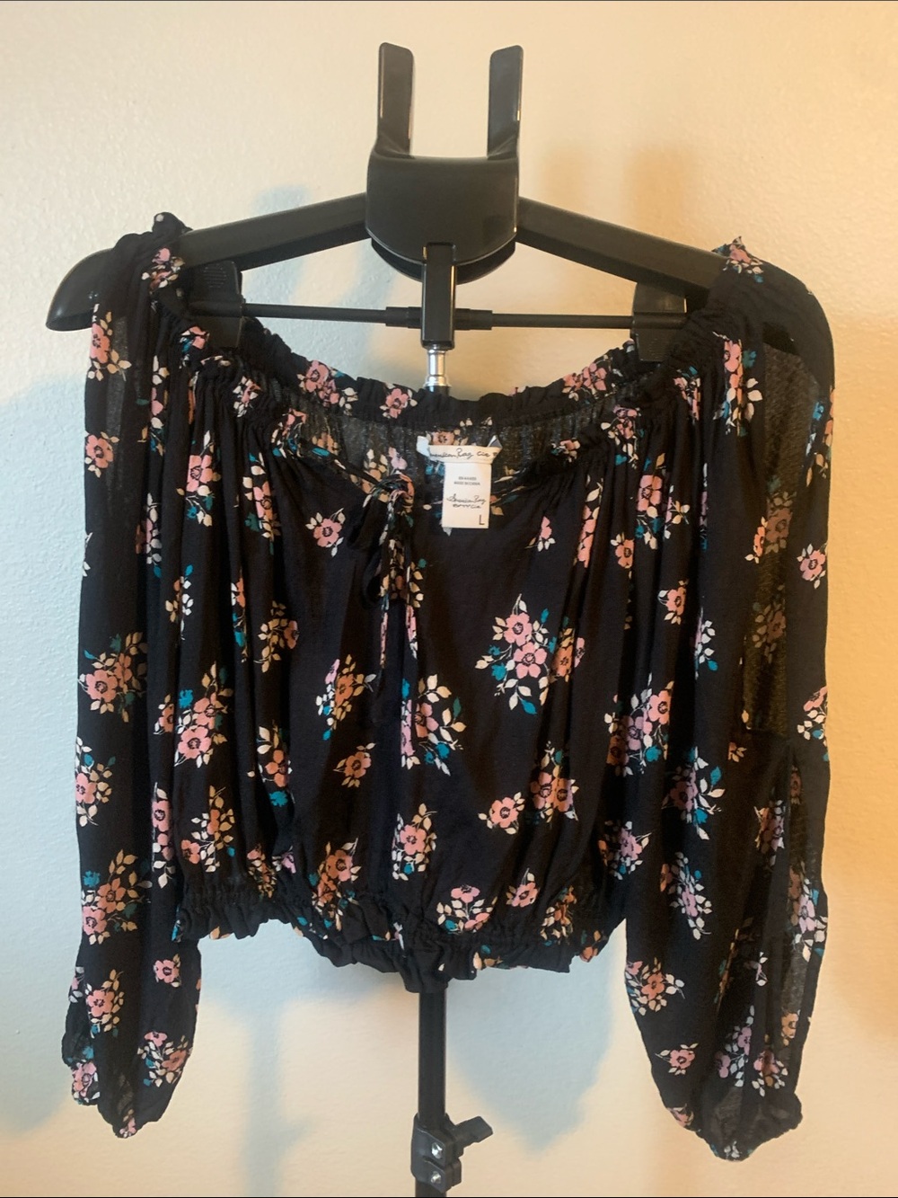 American Rag Black Off-Shoulder Floral Blouse